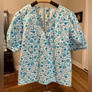 Draper James Blue and White Floral Puff Sleeve Blouse Size XL EUC